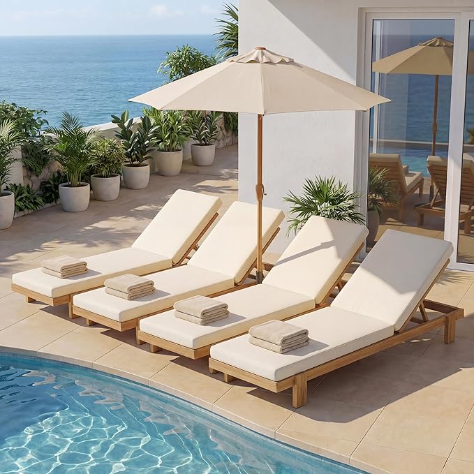Christopher Knight Home Duska Acacia Wood Chaise Lounge Chair Set of 4, Patio Outdoor Chaise Lounge with Cushions - Photo 4