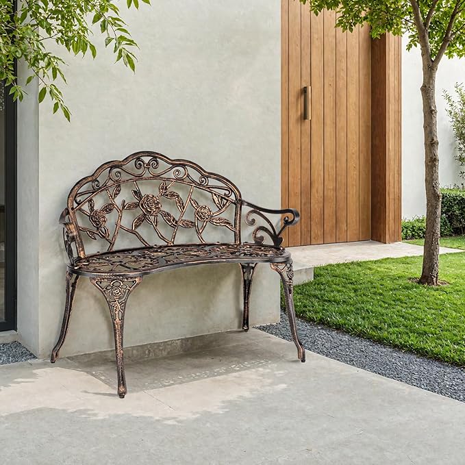 Outdoor Bench, Patio Outdoor Garden Bench Cast Aluminum Metal Loveseat Chairs for Park, Yard, Porch, Lawn, Balcony, Backyard, Antique Floral Rose Accent Seat Furniture (Bronze)