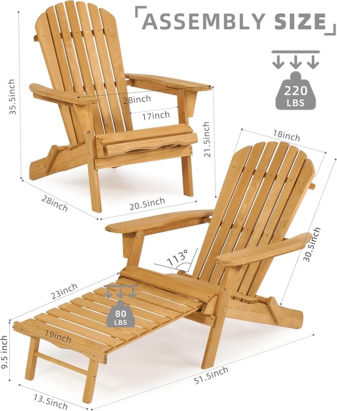 Set of 2 Outdoor Wooden Folding Adirondack Chair with Retractable Ottoman, Wood Patio Chair with Footrest for Garden Backyard Porch Pool Deck Firepit