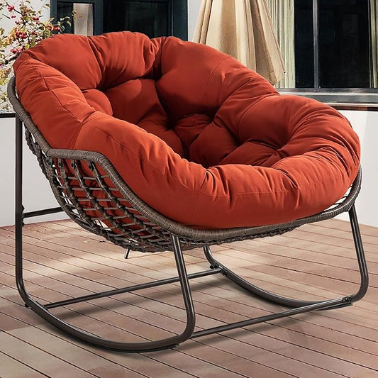 HOMEFUN Outdoor Patio Rocking Chairs, Oversized Papasan Rock Chair Indoor with Padded Cushion - Rocker Egg for Front Porch, Garden, Backyard Orange