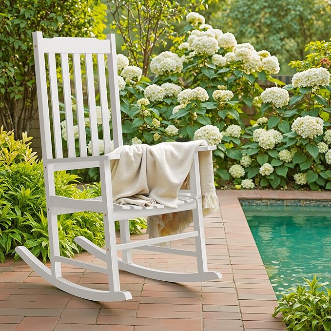Flamaker Outdoor Rocking Chair Oversized Wooden Patio Chairs with Widened Armrest High Back Porch Rocker for Lawn, Garden, Backyard, Fire Pit (White)