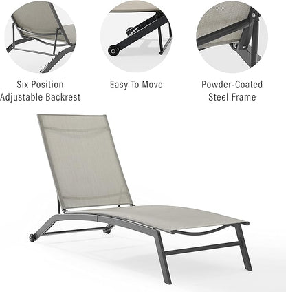 Crosley Furniture Weaver Reclining Mesh Outdoor Chaise Lounge Chair with Wheels for Patio, Deck, Poolside, Matte Black/Light Gray