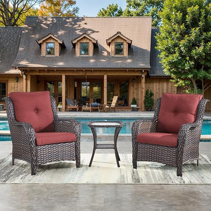 HUMMUH 3 Pieces Patio Bistro Set Wicker Patio Chairs Set of 2 with Tempered Glass Top Side Table Rattan Outdoor Furniture Conversation Set for Yard,Garden,Porch (Brown/Red)