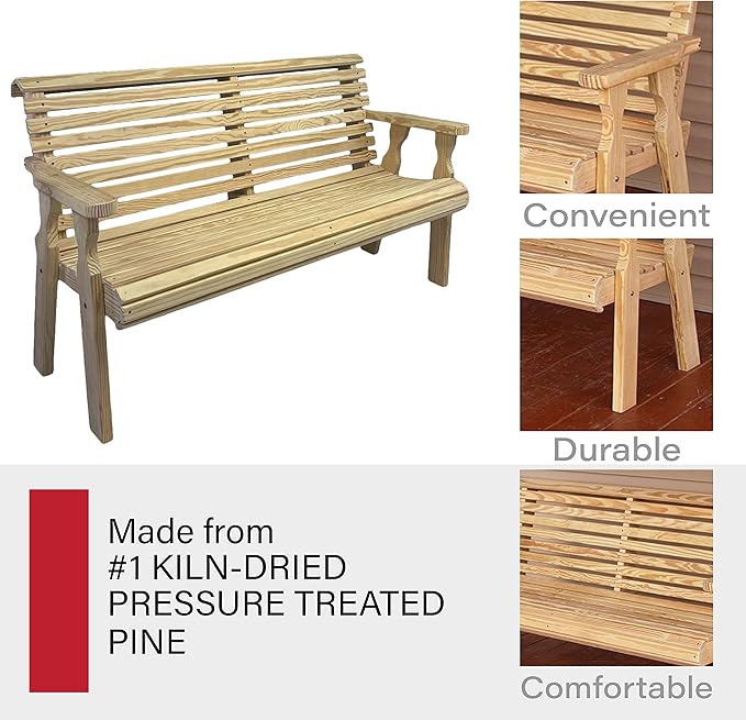 Amish Casual Heavy Duty Unfinished 4 Foot Roll Back Outdoor Bench - Amish Made in The USA from Treated Pine for Outdoor Durability, 700 Lb Weight Capacity