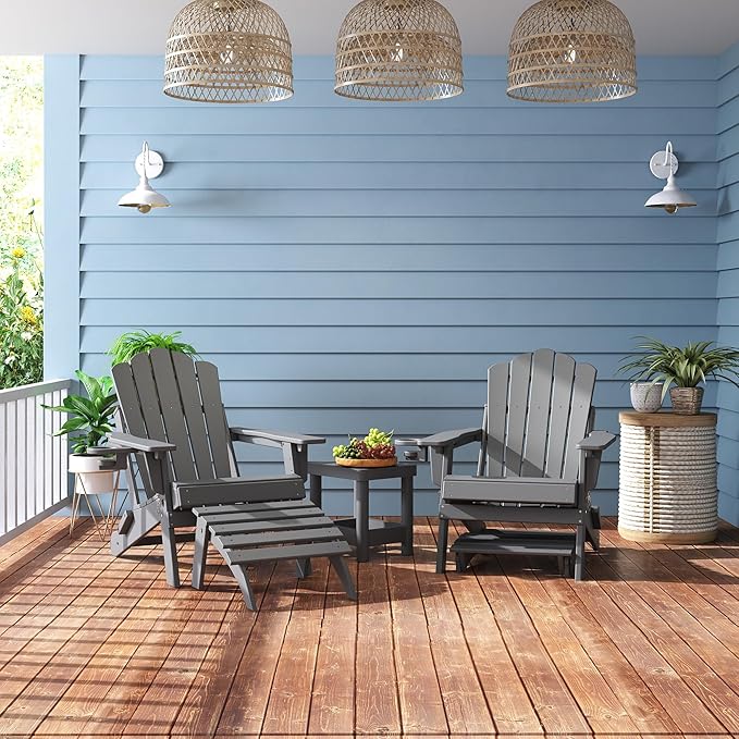 FOOWIN Folding Adirondack Ottoman Set of 4, HDPE All Weather Adirondack Footrests, Ottoman for Adirondack Chair,Patio Footstool for Outside Easy Storage,for Patio, Backyard, Porch, Garden, Grey