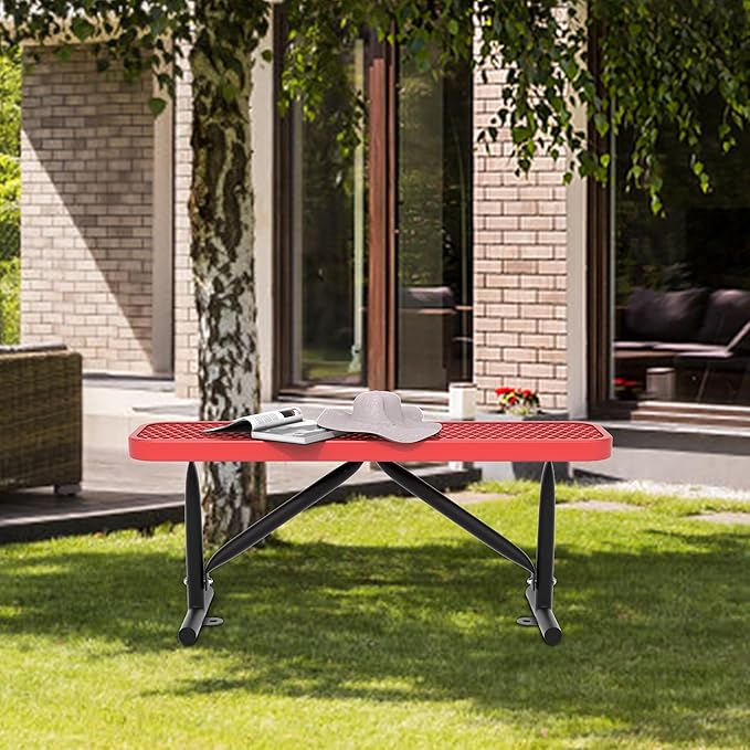 4 Ft Metal Park Benches for Outside, Outdoor Backless Bench with Thermoplastic Coating, Portable Frame, Commercial Expanded Metal Mesh Bench for Shopping Mall, Store, Park, Patio, Deck, Red