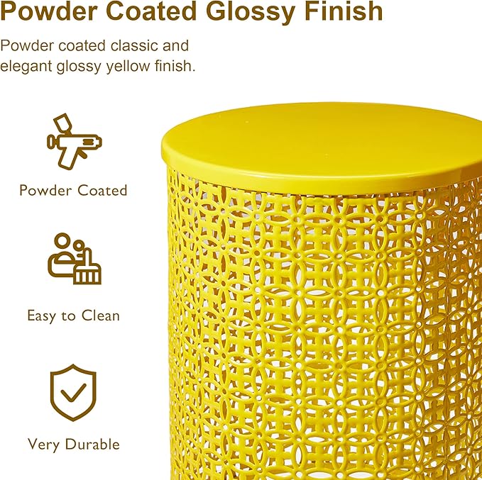 Glitzhome Outdoor Side Table Set of 2, Decorative Garden Stool for Patio Heavy Duty Metal Frame Accent Table Modern End Table, Glossy Yellow