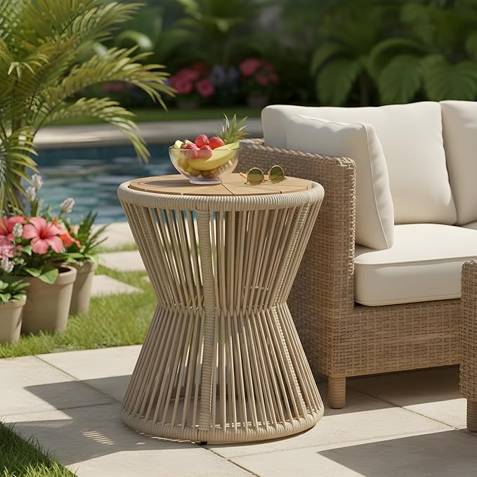 Merax Bohemian Round Outdoor Side Table with Acacia Wood Top and Beige Handwoven Rope Base, Elegant Hourglass Design Patio Coffee Table for Garden, Pool, Deck, Balcony, Yard, 18.9" Height, No Assembly