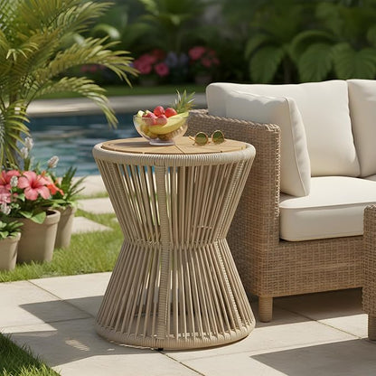 Merax Bohemian Round Outdoor Side Table with Acacia Wood Top and Beige Handwoven Rope Base, Elegant Hourglass Design Patio Coffee Table for Garden, Pool, Deck, Balcony, Yard, 18.9" Height, No Assembly