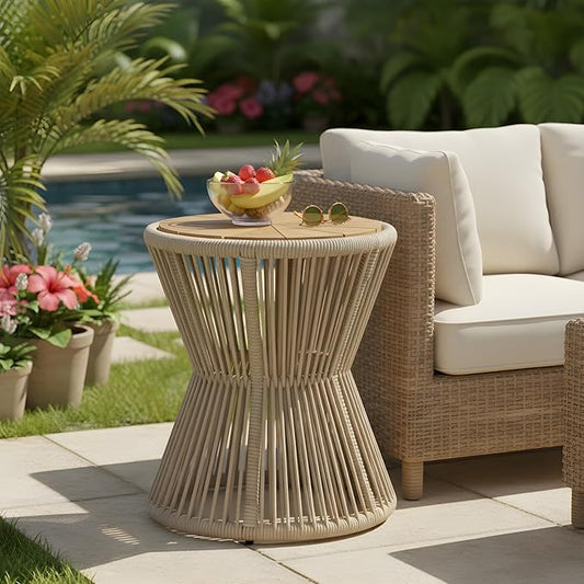 Merax Bohemian Round Outdoor Side Table with Acacia Wood Top and Beige Handwoven Rope Base, Elegant Hourglass Design Patio Coffee Table for Garden, Pool, Deck, Balcony, Yard, 18.9" Height, No Assembly