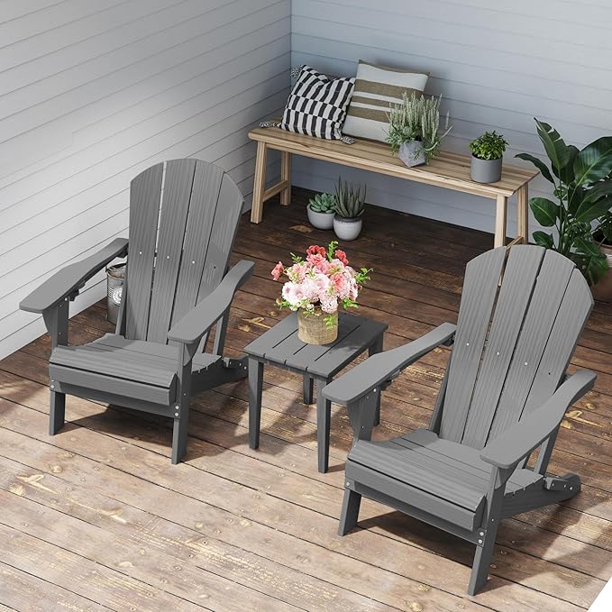 Foldable Adirondack Chair with Cup Holder-Heavy Duty Recycled HDPE Outdoor Patio Furniture, Weather Resistant Deck Lawn Fire Pit Chair (Gray, 4 Chair)