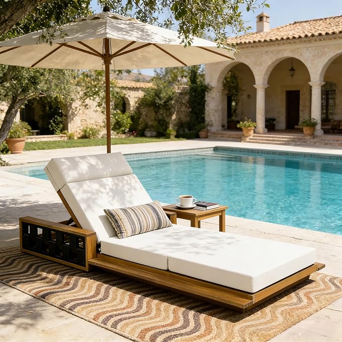 Christopher Knight Home Arly Acacia Wood Chaise Lounge Chair Outdoor with Foldable Cushion, Adjustable Backrest Sun Lounger Recliner, Wooden Patio Sun Bathing Lounge Chair, Teak+Cream