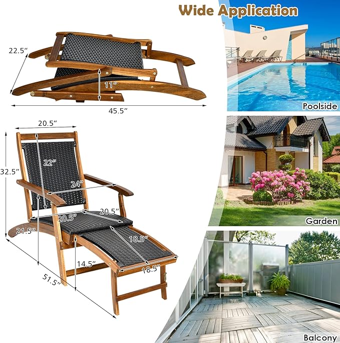 RELAX4LIFE Patio Chaise Lounge Chair - Acacia Wood Folding Rattan Wicker Chair w/Retractable Footrest - Photo 3