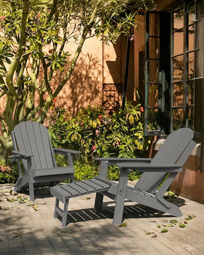 YEFU Folding Adirondack Chair with Footrest: Adjustable Adirondack Chairs with Retractable Ottoman - Sturdy HDEP Plastic with Cup Holder - All Weather for Outdoor/Patio/Fire Pit/Outside/Pool(Grey)