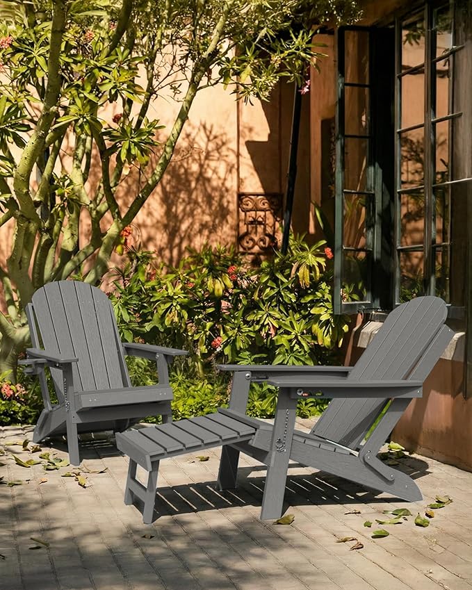 YEFU Adirondack Chair with Retractable Ottoman: Adjustable Folding Adirondack Chairs with Cup Holder - HDPE Plastic Outdoor Fire Pit Chairs Set of 6 - All Weather for Patio/Firepit/Outside/Pool(Grey)