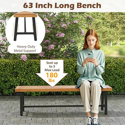 Outdoor Bench Garden Bench Set of 2, 63" Backless Acacia Wood Bench with Heavy-Duty Metal Legs, Patio Dining Bench Front Porch Benches for Outside, Yard & Garden