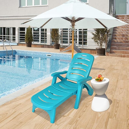 Moccha Folding Chaise Lounge Chair - Plastic Patio Lounger w/ 2 Rolling Wheels, 5-Adjustable Positions, Armrests, Outdoor Lounge Recliner for Poolside Yard Garden Sunbathing Beach Chair (1, Turquoise)