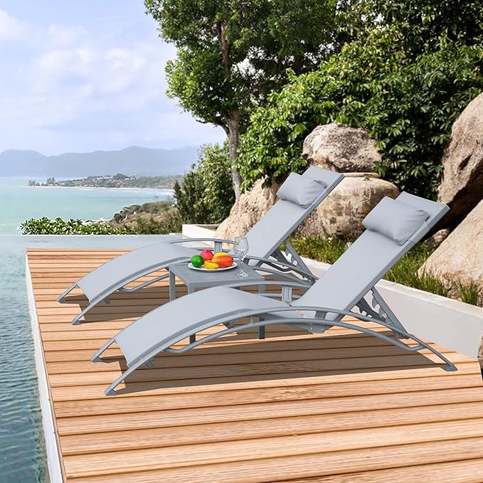 Domi Pool Lounge Chairs Set of 3, Adjustable Aluminum Outdoor Chaise Lounge Chairs with Metal Side Table - Photo 1