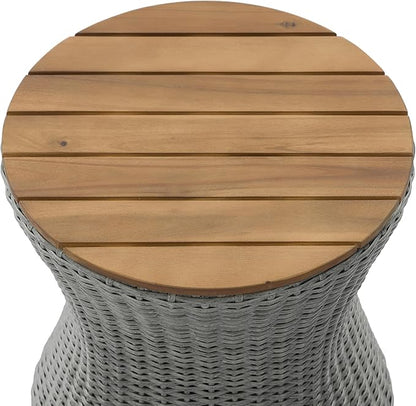 Christopher Knight Home Fenton 17.5" Outdoor Side Table, Round Patio End Table with Wood Top and Wicker Base, Small Outdoor Coffee Table for Balcony Garden Poolside, Accent Garden Stool, Grey+Natural