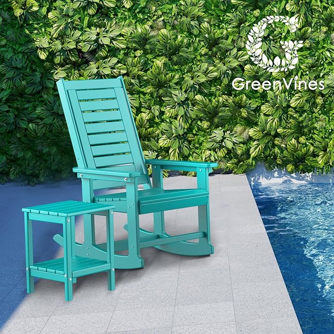 GREENVINES Outdoor Rocking Chair Set | 3-Piece | 2 Rocking Chairs with 1 Side Table | Porch Rocker | HDPE Plastic | Aqua | Patio Furniture Sets | High Back | Big & Tall | Ladder Back