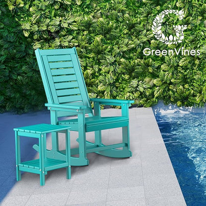 GREENVINES Outdoor Rocking Chair Set | 3-Piece | 2 Rocking Chairs with 1 Side Table | Porch Rocker | HDPE Plastic | Aqua | Patio Furniture Sets | High Back | Big & Tall | Ladder Back