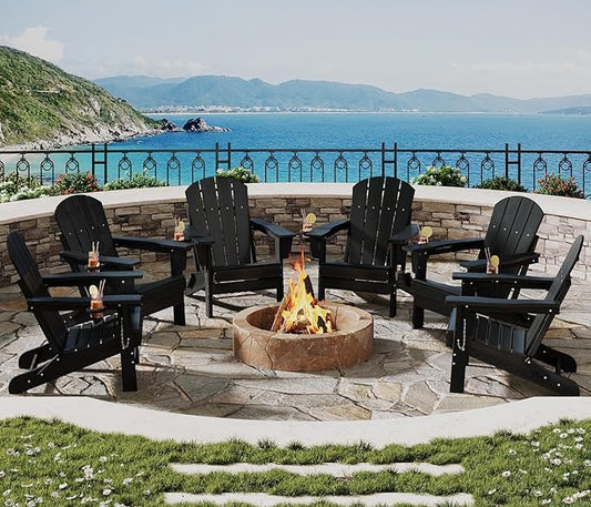 Garvee Folding Adirondack Chair Set of 6, HDPE Outdoor Patio Chair with Cup Holder, All Weather Resistent Wooden Textured for patios, Decks, Gardens, fire Pit, Black