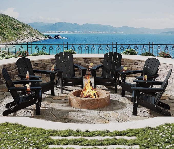 Garvee Folding Adirondack Chair Set of 4 with Ottoman, HDPE Outdoor Patio Chair with Cup Holder, All Weather Resistent Wooden Textured for patios, Decks, Gardens, fire Pit, Black