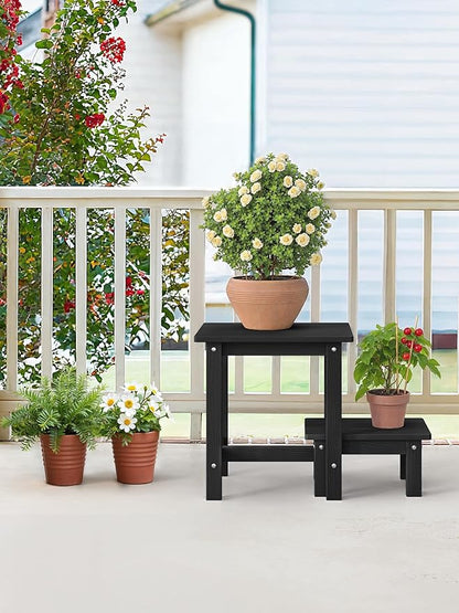 LUE BONA Outdoor Side Table, 2-Tier HDPS Outdoor Nesting End Table with Removable Small Foot Stool for Patio, Deck, Poolside, Low Maintenance & Weather Resistant,Black
