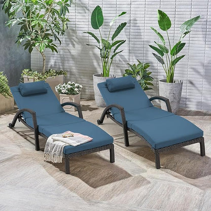HOMREST Chaise Lounge Chairs Set of 6, PE Rattan Wicker Patio Lounge Chair with Adjustable 5 Position, Arm and Wheels for Poolside Backyard Deck Porch,Dark Blue