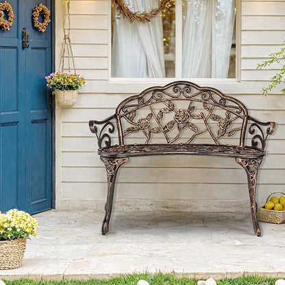 Outdoor Bench, Patio Outdoor Garden Bench Cast Aluminum Metal Loveseat Chairs for Park, Yard, Porch, Lawn, Balcony, Backyard, Antique Floral Rose Accent Seat Furniture (Bronze)
