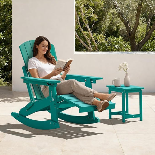 Adirondack Rocking Chair with Retractable Ottoman, 4-in-1 Foldable Reclining Patio Chair, HDPE Wood-Look Outdoor Rocker for Porch, Garden & Poolside, Lake Blue