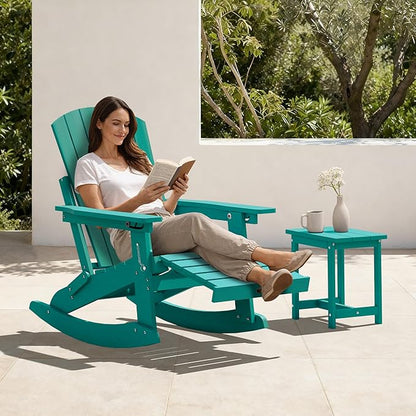 Adirondack Rocking Chair with Retractable Ottoman Set of 4, 4-in-1 Foldable Reclining Patio Chair, HDPE Wood-Look Outdoor Rocker for Porch, Garden & Poolside, Lake Blue