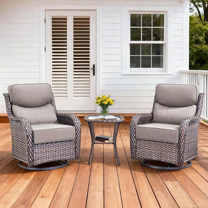 Luxury Outdoor Swivel Rocker Patio Chairs Set of 3, High Back Swivel Patio Chairs with Side Table & 6-Inch Thick Cushions, Wicker Outdoor Bistro Set for Porch, Yard, Deck, Poolside, Brown/Grey