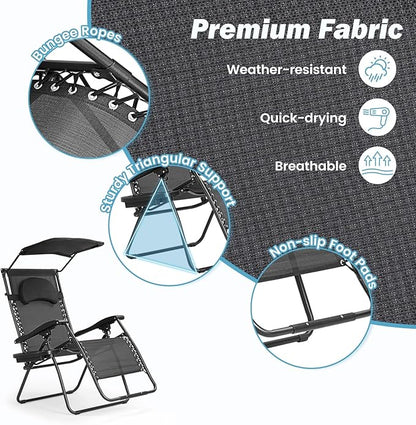 Goplus Zero Gravity Chairs, X-Large Folding Lounge Lawn Chair w/Canopy Shade & Cup Holder, Adjustable Folding Patio Recliner for Pool Porch Deck Oversize (Black)