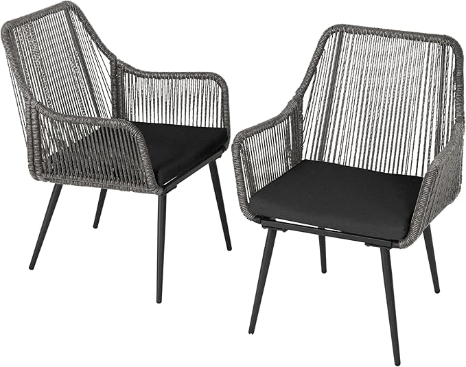 Patio Dining Chairs Outdoor Dining Chairs Set of 4, Woven Twisted Wicker Rattan Chair with Armrest and Cushion, Modern Indoor Outdoor Seating for Garden, Lawn, Backyard, Grey