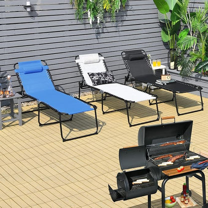 Giantex Patio Chaise Lounge Chair - 16” High Folding Tanning Chair with Removable Headrest, 4-Gear Backrest, 2-Position Anti-Skid Foot-Pads, Sunbathing Beach Chair, Set of 2 Camping Cot, Black