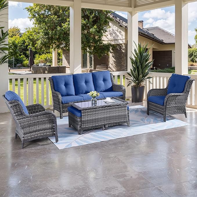 HUMMUH Outdoor Furniture 6 Pieces Patio Furniture Set Wicker Outdoor Sectional Sofa with 2 Patio Chairs,Ottomans,Coffee Table(Grey/Blue)