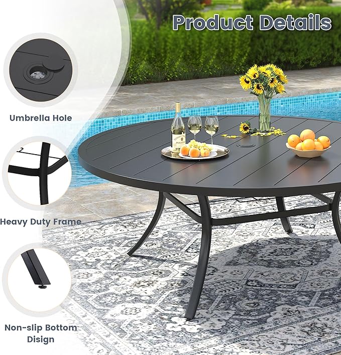 VICLLAX 60" Outdoor Round Patio Dining Table for 8-10, All Weather Metal Dining Table with Umbrella Hole for Deck Lawn Garden Backyard, Black