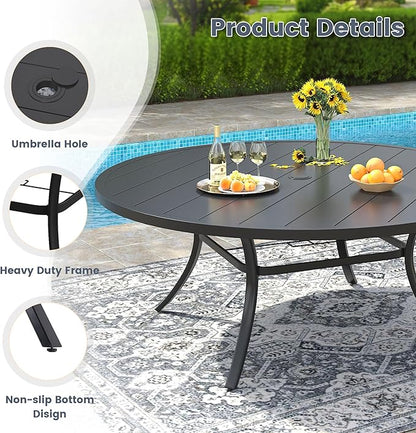 VICLLAX 60" Outdoor Round Patio Dining Table for 8-10, All Weather Metal Dining Table with Umbrella Hole for Deck Lawn Garden Backyard, Black