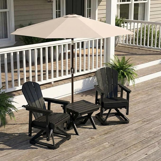 HDPE Outdoor Swivel Glider Chair Set of 2 with Folding Side Table & 9FT Patio Umbrella, Adirondack Wooden Textured Swivel Chairs for Porch, Balcony, Poolside, Backyard (Black)