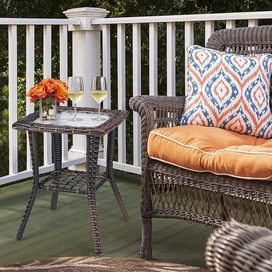 Outvita Outdoor Side Table, Patio Rattan Coffee Table Small End Table with Glass Tabletop and Storage Shelf for Patio Porch Backyard Balcony Living Room