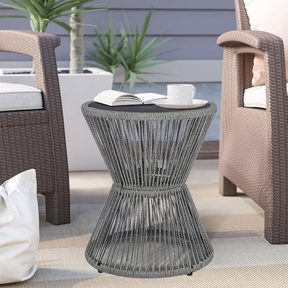 SUNNYPARK Outdoor Side Table 20'' H Small End Tables Woven Rope Weather Resistant with Glass Top Round Coffee Table for Indoor Balcony Patio Poolside (Gray)