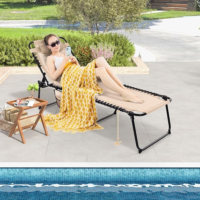 Goplus Chaise Lounge Chair Outdoor, Folding 5-Postion Beach Lounge Chair with Detachable Pillow, Side Pocket - Photo 8