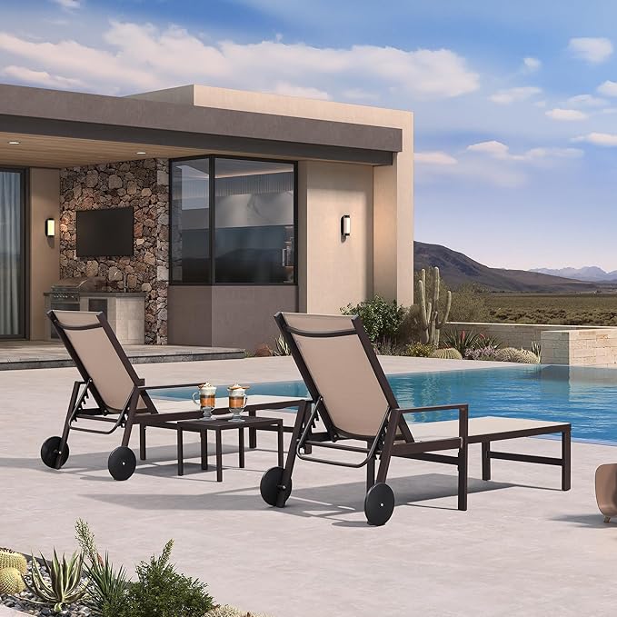 PURPLE LEAF Outdoor Chaise Lounge Chair Set of 2 with Armrests, Aluminum Patio Loungers with Wheels and Adjustable Backrest, Includes Side Table for Deck, Outside, Lawn, Garden, Sand Beige