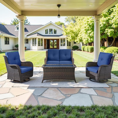 Belord Patio Furniture Set with Fire Pit Table,8 Piece Wicker Outdoor Furniture Set, Swivel Rocker Chairs with Ottomans and Loveseat, All Weather Patio Conversation Set, Pool,Yard, Brown Wicker/Blue