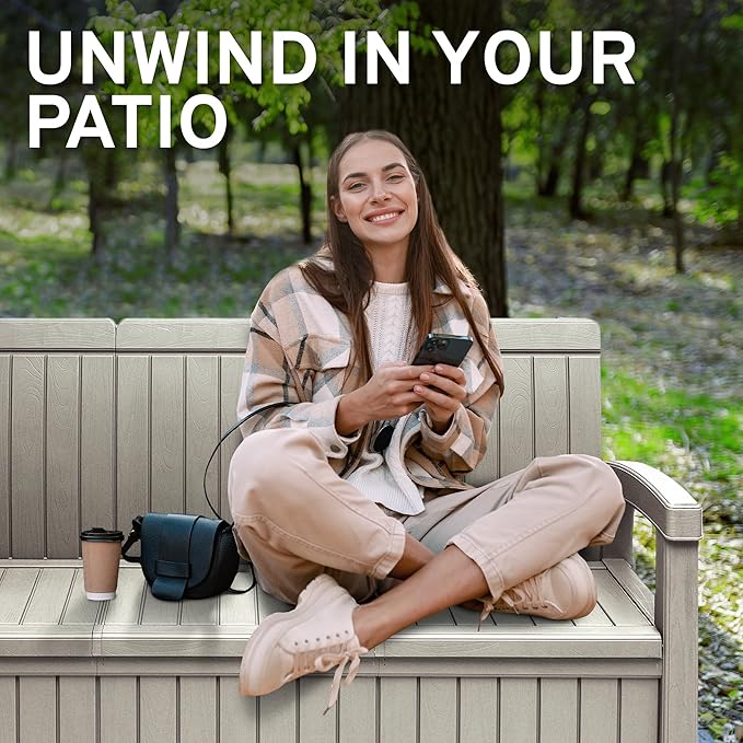 EconoHome 3 Seat Outdoor Storage Bench with Rain Cover - 90 Gallon Capacity - Weatherproof Resin Bench for Patio, Porch - Photo 6