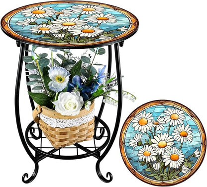 Outdoor Side Table Round Small Mosaic Patio Accent Indoor End Plant Coffee Tea Table for Yard Patio Porch Garden Living Room, Bedroom(Daisy Style,14 Inch)
