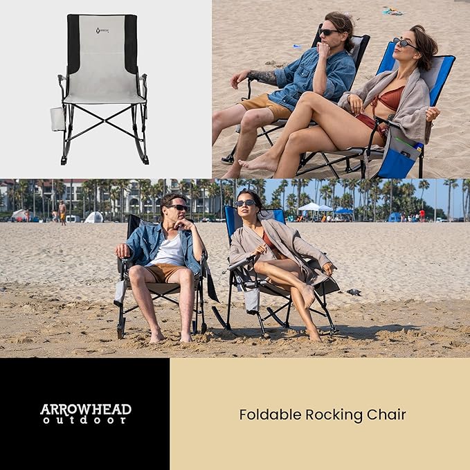 ARROWHEAD OUTDOOR 2-Pack Foldable Rocking Camp Chair with Large Cup Holder, Side Pocket, Space-Saving Folding, Enhanced Swinging Rocker for Camping, Fishing, Patio