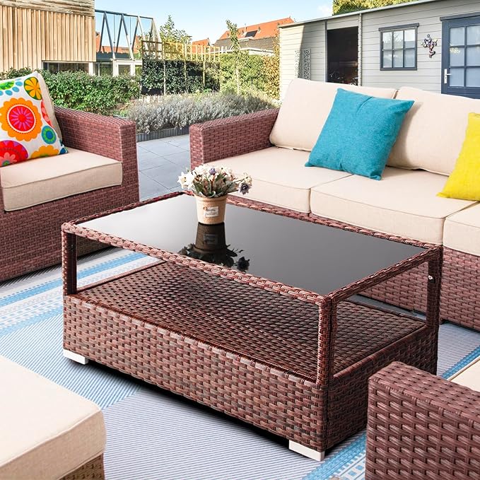 DIMAR GARDEN Outdoor Coffee Table Wicker Patio Rattan Side Table with Glass Top and Storage Shelf,40in Mixed Brown - Photo 7