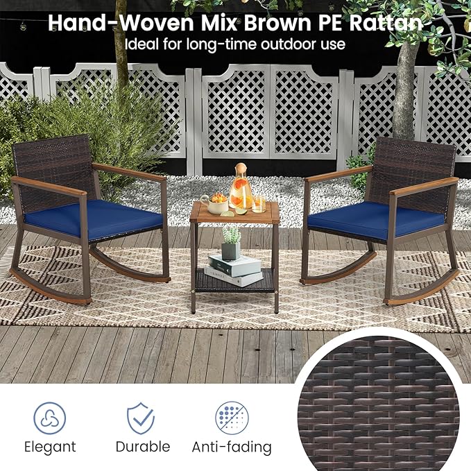 HAPPYGRILL 3 Pieces Rocking Bistro Set, Outdoor PE Wicker Rocking Chair with Coffee Table, Soft Seat Cushions Included - Photo 4